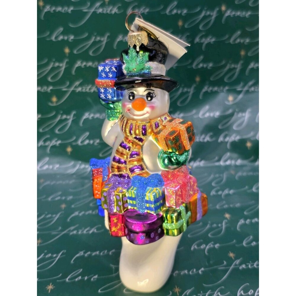 RADKO Christmas Tree Ornament SNOWMAN w/Presents Has‎ Charm & Tag Colorful
